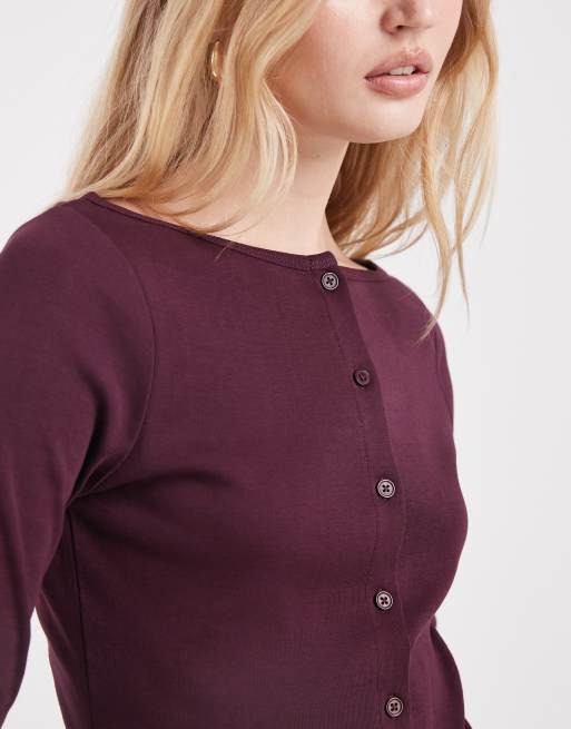 Miss Selfridge longer line rib cardigan in plum, 3 of 4