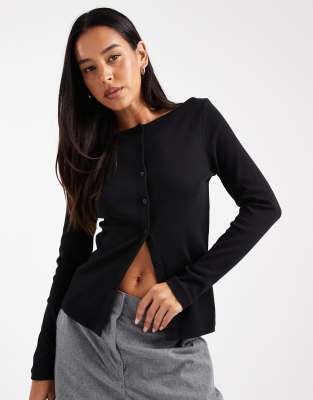 Miss Selfridge Longer Line Ribbed Cardigan In Black
