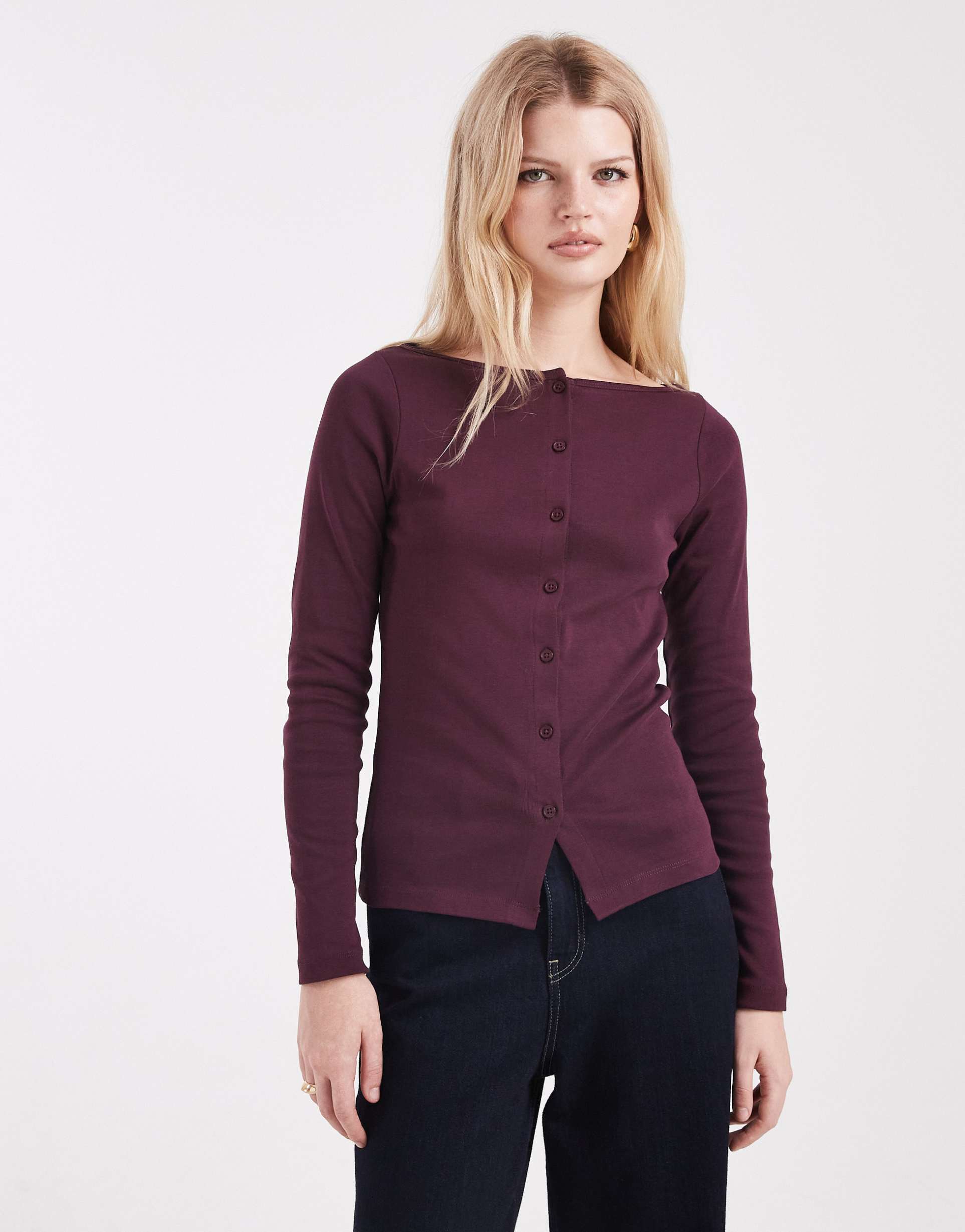 miss selfridge longer line ribbed cardigan in plum
