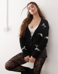 [Miss Selfridge] Miss Selfridge longerline open stitch faux pearl bow cardigan in black S BLACK
