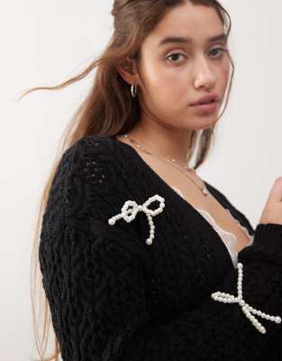 Miss Selfridge Longerline Open Stitch Faux Pearl Bow Cardigan In Black