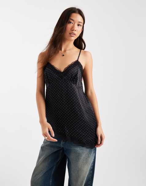 Miss Selfridge longline asymmetric cami in polka dot - view 1