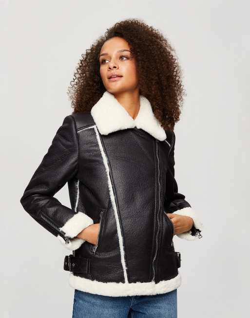 Miss Selfridge longline aviator jacket with contrast trim in black | ASOS