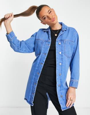 Miss Selfridge longline belted denim jacket in midwash blue - ASOS Price Checker