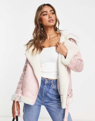 Miss Selfridge longline borg aviator jacket in pink  - ASOS Price Checker