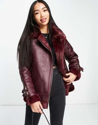 Miss Selfridge longline contrast cuff aviator jacket in burgundy