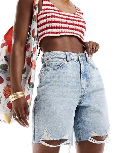 Miss Selfridge longline denim boyfriend short in bleach wash - view 1