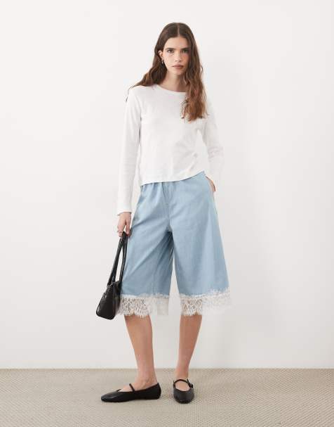 Miss Selfridge longline denim jort with lace trim in light wash - view 1