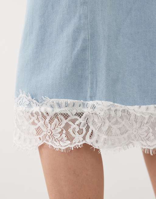 Miss Selfridge longline denim jort with lace trim in light wash, 4 of 5