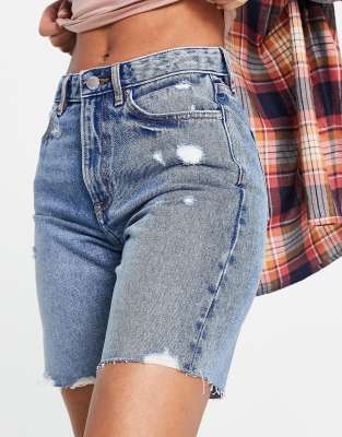 Miss Selfridge longline denim short in midwash blue - ASOS Price Checker