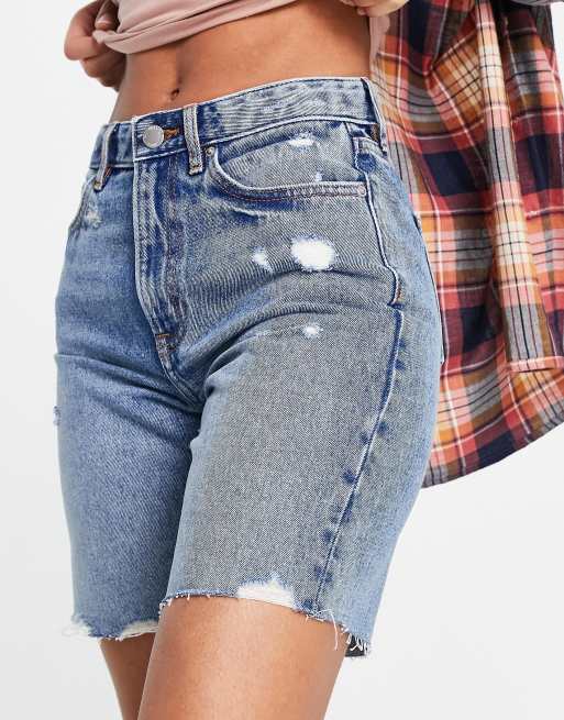 Miss Selfridge longline denim short in midwash blue | ASOS