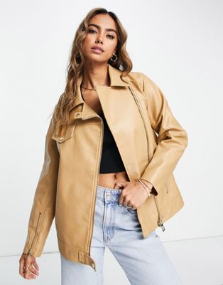 Miss Selfridge longline faux leather biker jacket in camel - ASOS Price Checker
