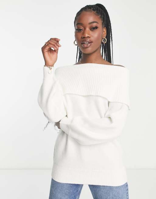 Miss Selfridge longline foldover bardot jumper in cream ASOS