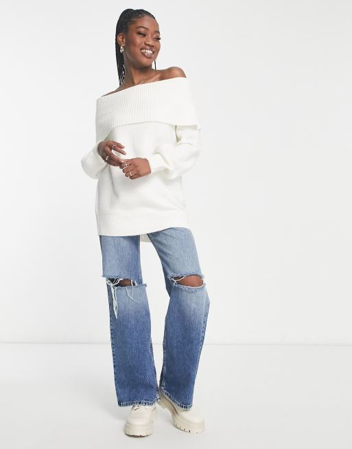 Miss Selfridge longline foldover bardot jumper in cream ASOS