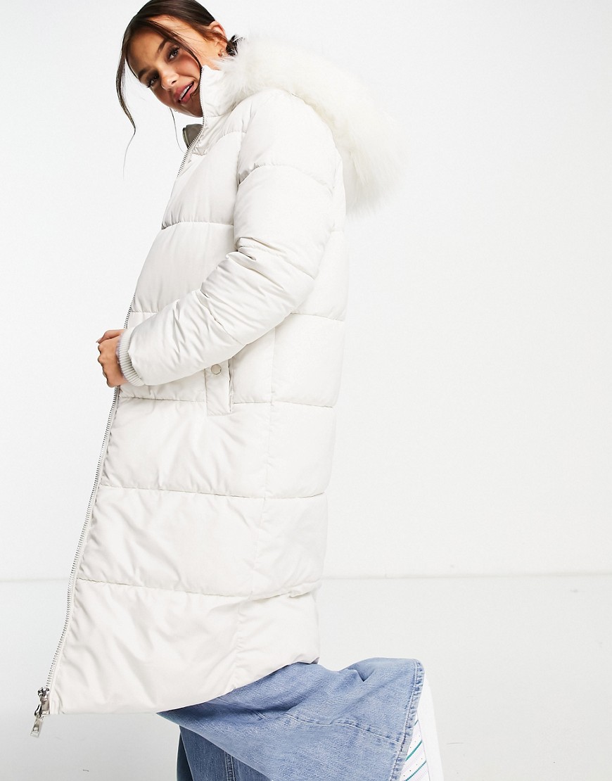 Miss Selfridge longline maxi puffer coat in ivory-White