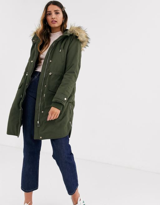 Miss Selfridge longline parka coat in khaki