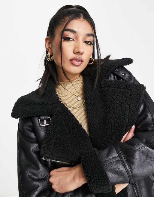 Miss Selfridge – Longline-Pilotenjacke in Schwarz mit Teddyfell-Besatz, 4 von 4