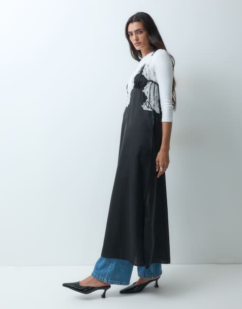 Miss Selfridge longline satin and lace cami in mono - view 1