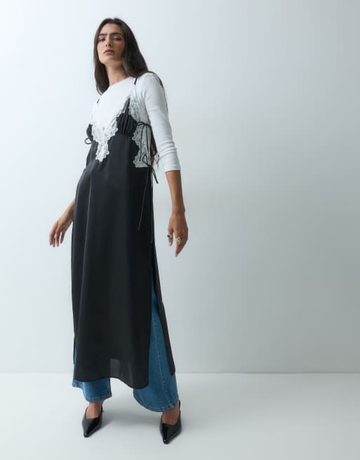 Miss Selfridge longline satin and lace cami in mono, 2 of 4