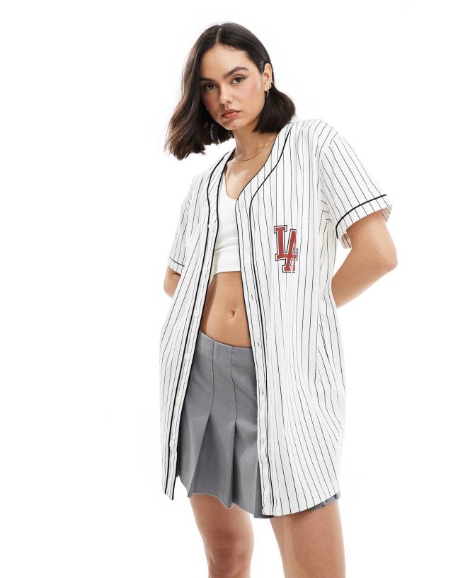 Miss Selfridge - los angeles 91 graphic baseball tunic in blue and white stripe