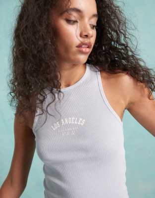 Miss Selfridge Los Angeles Rib Racer Tank Top In Washed Blue