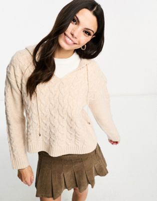 Miss Selfridge lounge cable knit crop hoodie in oatmeal  - ASOS Price Checker