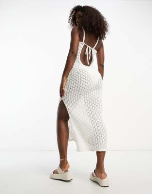 miss selfridge low back crochet knit maxi dress with side split in white