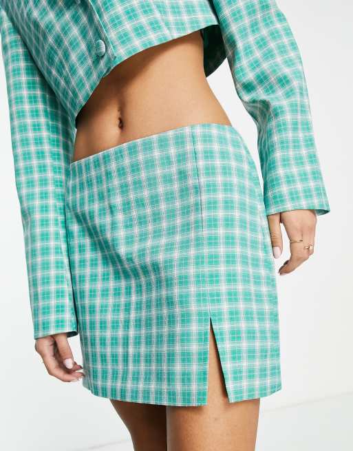 Miss Selfridge low rise check mini skirt with split detail in green (part of a set)