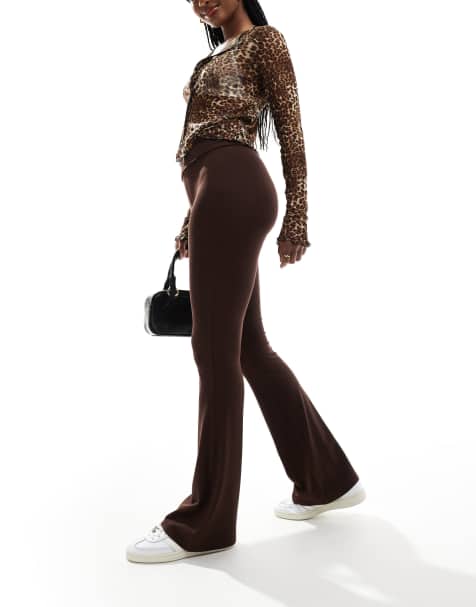 Miss Selfridge low rise deep fold over waistband flare leggings in chocolate - view 1