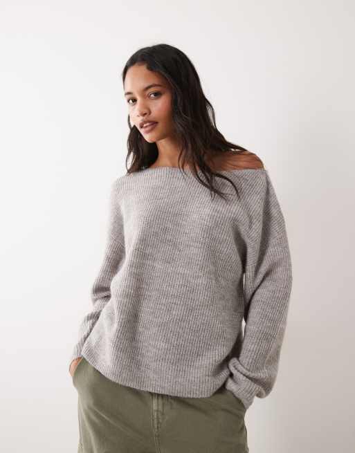 Miss Selfridge løs trøje med skrå halsudskæring i gråmeleret, 4 af 4