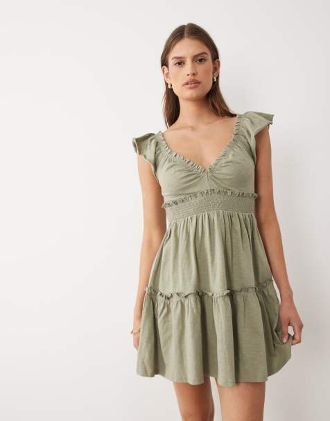 Miss Selfridge – Luźna sukienka w kolorze khaki ze zwiewnymi rękawami - view 1