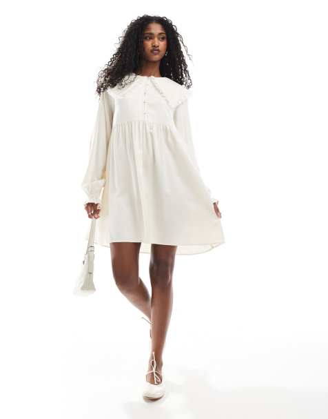 Miss Selfridge frill collared lace trim smock dress in ivory