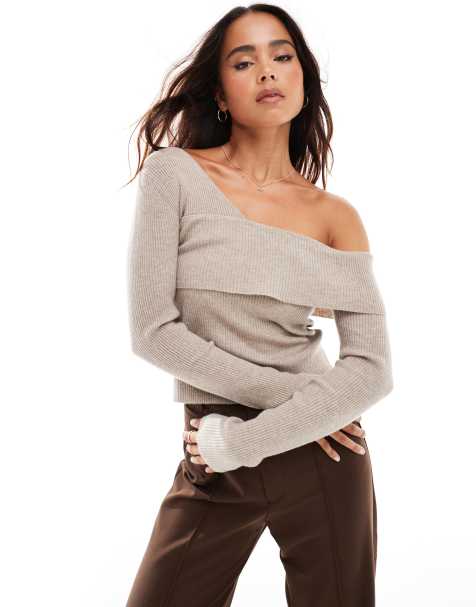 Miss Selfridge - Lys beige, asymmetrisk og langærmet top i ribstrik - view 1