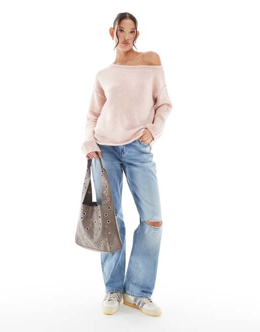 Miss Selfridge - Lys beige løstsiddende asymmetrisk offshoulder-trøje i hyggelig strik, 3 af 4