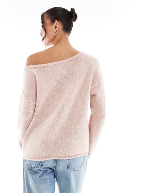 Miss Selfridge - Lys beige løstsiddende asymmetrisk offshoulder-trøje i hyggelig strik, 4 af 4