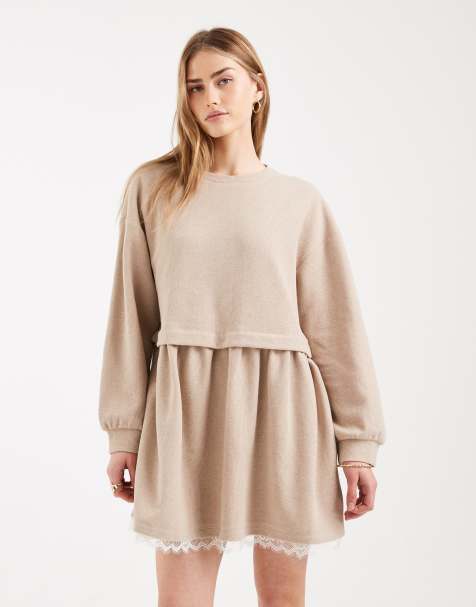 Miss Selfridge - Lys beige smock-kjole med blondedetaljer - view 1