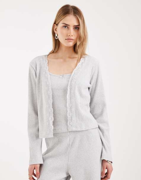 Miss Selfridge - Lysegrå cardigan i børstet ribstrik med blondekanter - Del af sæt - view 1