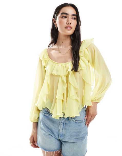 Miss Selfridge - Lysegul bardot-bluse i chiffon - view 1