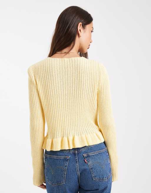 Miss Selfridge - Lysegul cardigan i strik med peplum-kant, 4 af 4