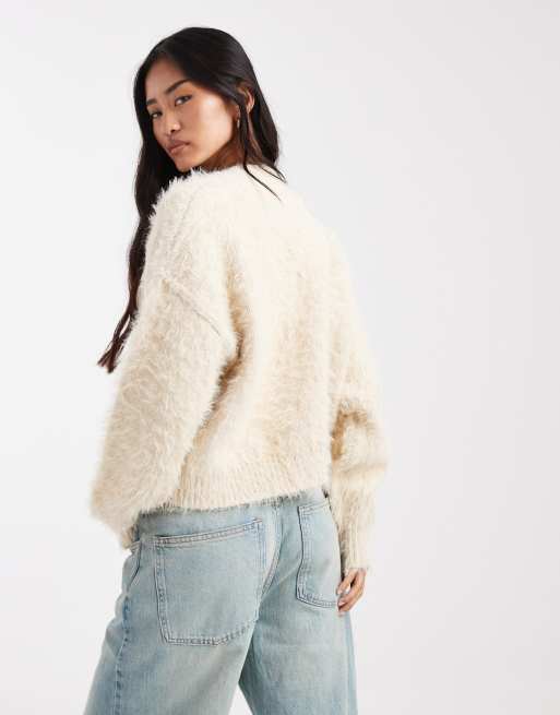 Miss Selfridge - Lysegul kabelstrikket cardigan med rund hals, 4 af 4