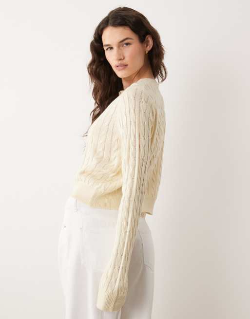 Miss Selfridge - Lysegul kabelstrikket cardigan med rund hals, 3 af 4
