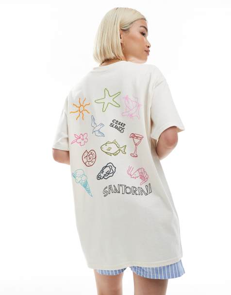 Miss Selfridge - Lysegul oversized T-shirt med 'Santorini'-ferieprint - view 1