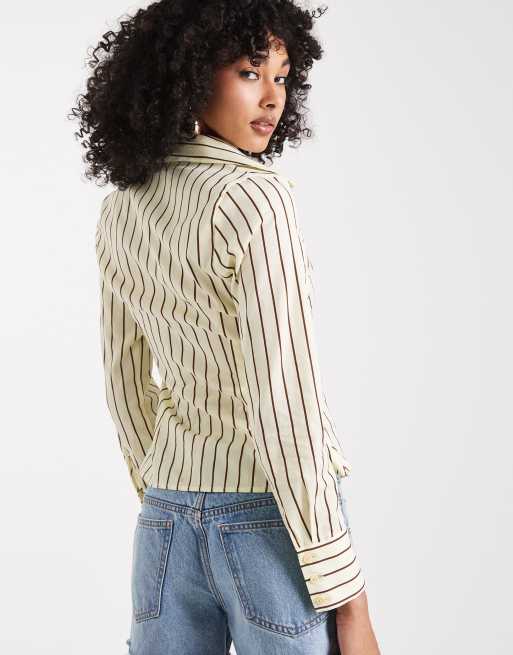 Miss Selfridge - Lysegul tætsiddende skjorte med striber i poplin, 2 af 4