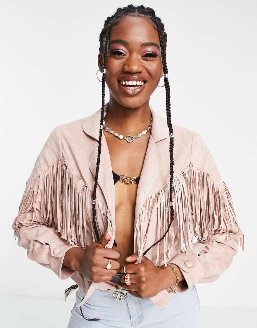 Miss Selfridge - Lyserød bikerjakke med frynser i imiteret ruskind 