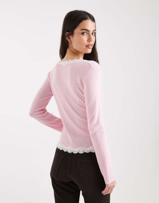 Miss Selfridge - Lyserød cardigan med blondekant, 4 af 4