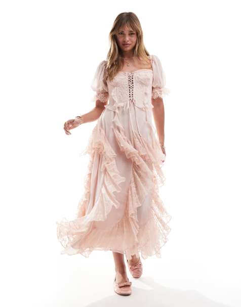 Miss Selfridge - Lyserød maxikjole med blonder og flæser - view 1