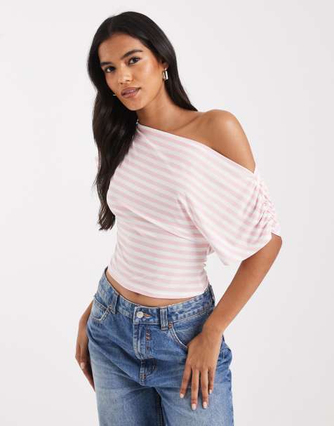 Miss Selfridge - Lyserød og cremefarvet offshoulder-top med striber - view 1
