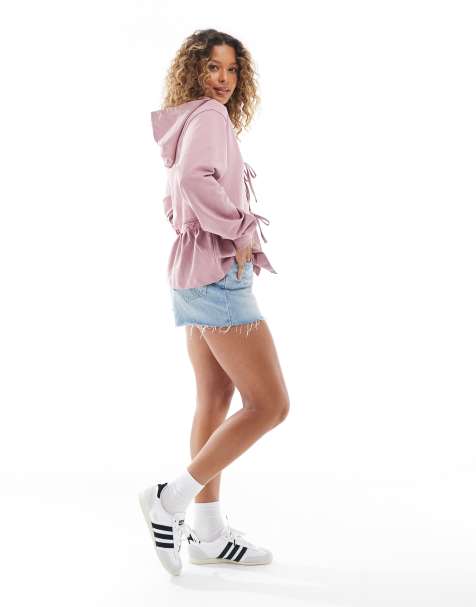 Miss Selfridge - Lyserød oversized hættetrøje med blondekant og bindebånd foran - view 1