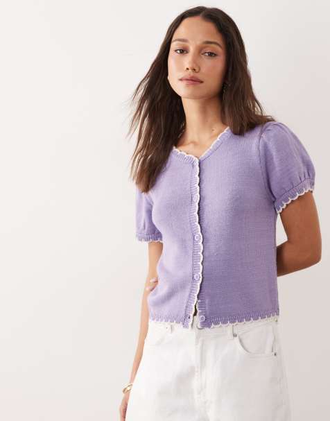 Miss Selfridge - Lyslilla cardigan med pufærmer og tæppesyninger - view 1