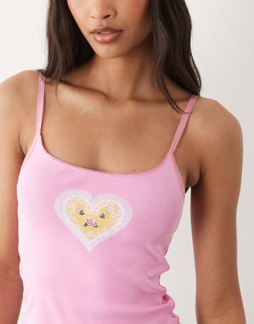 Miss Selfridge - Lyslilla ribstrikket cami-top med hjertegrafik, 3 af 4